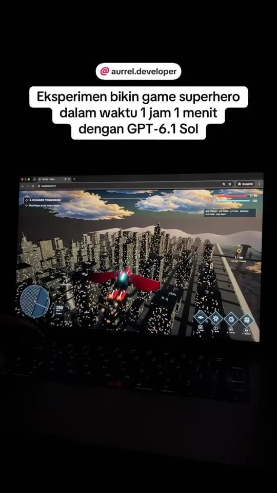 Superhero flying game experiment over a 3D city