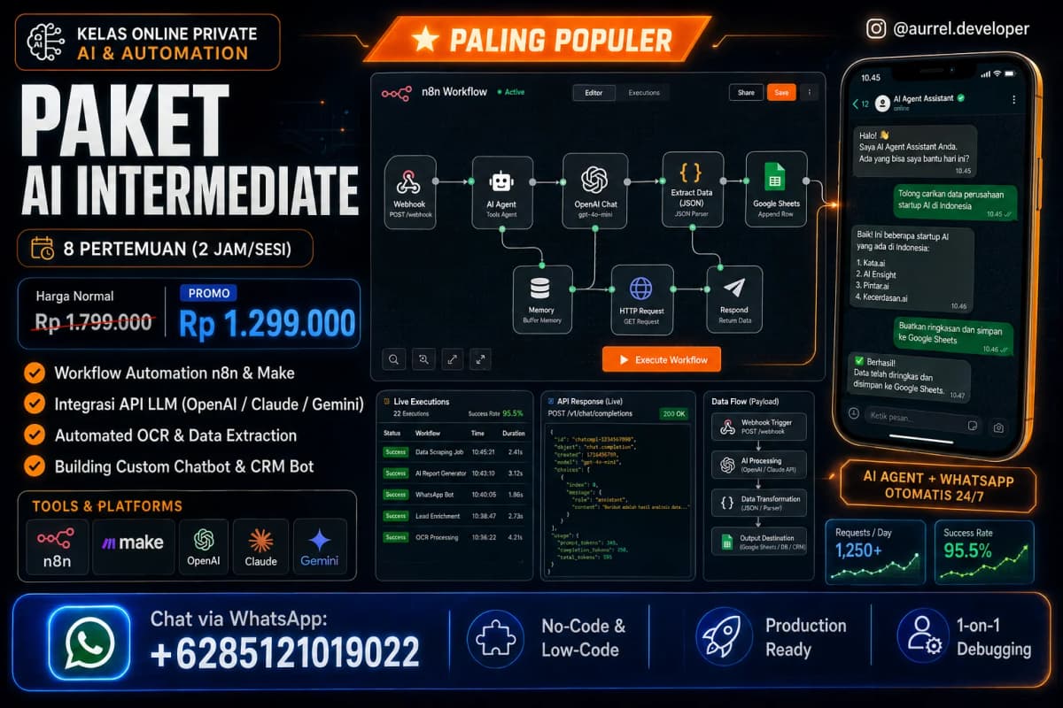Poster preview Paket AI Intermediate: n8n Workflow Automation, LLM API Integration & Chatbot UI